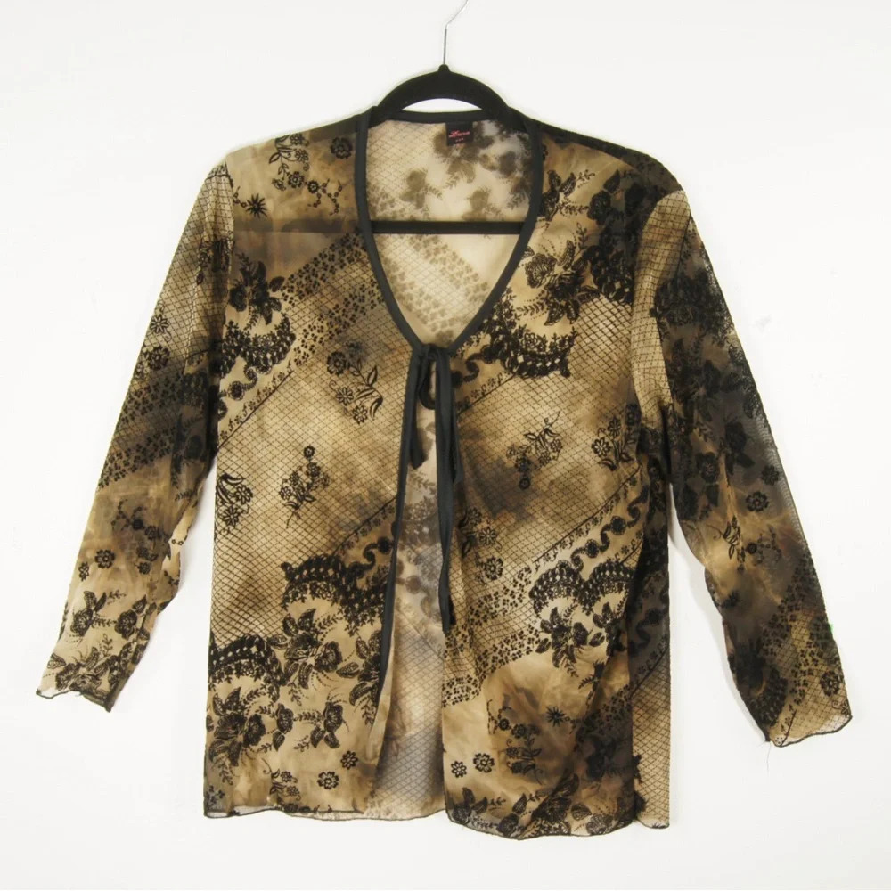Vintage 90s Whimsigoth Goth Semi Sheer Black Floral Velvet Brown Grunge Cardigan